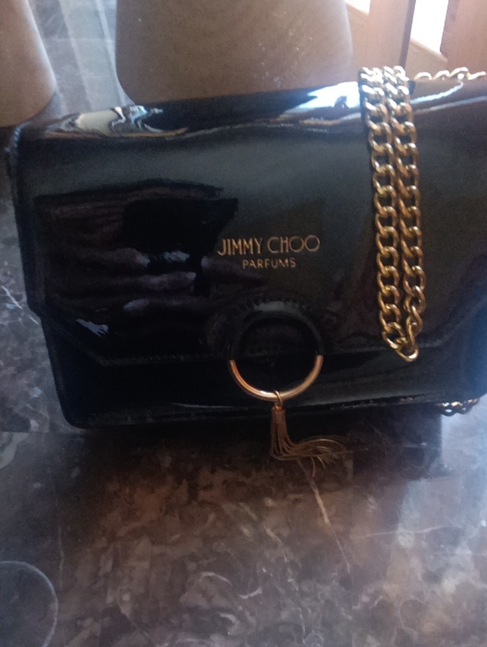 Jimmy Choo Black Patent Leather Crossbody with Gold Chain